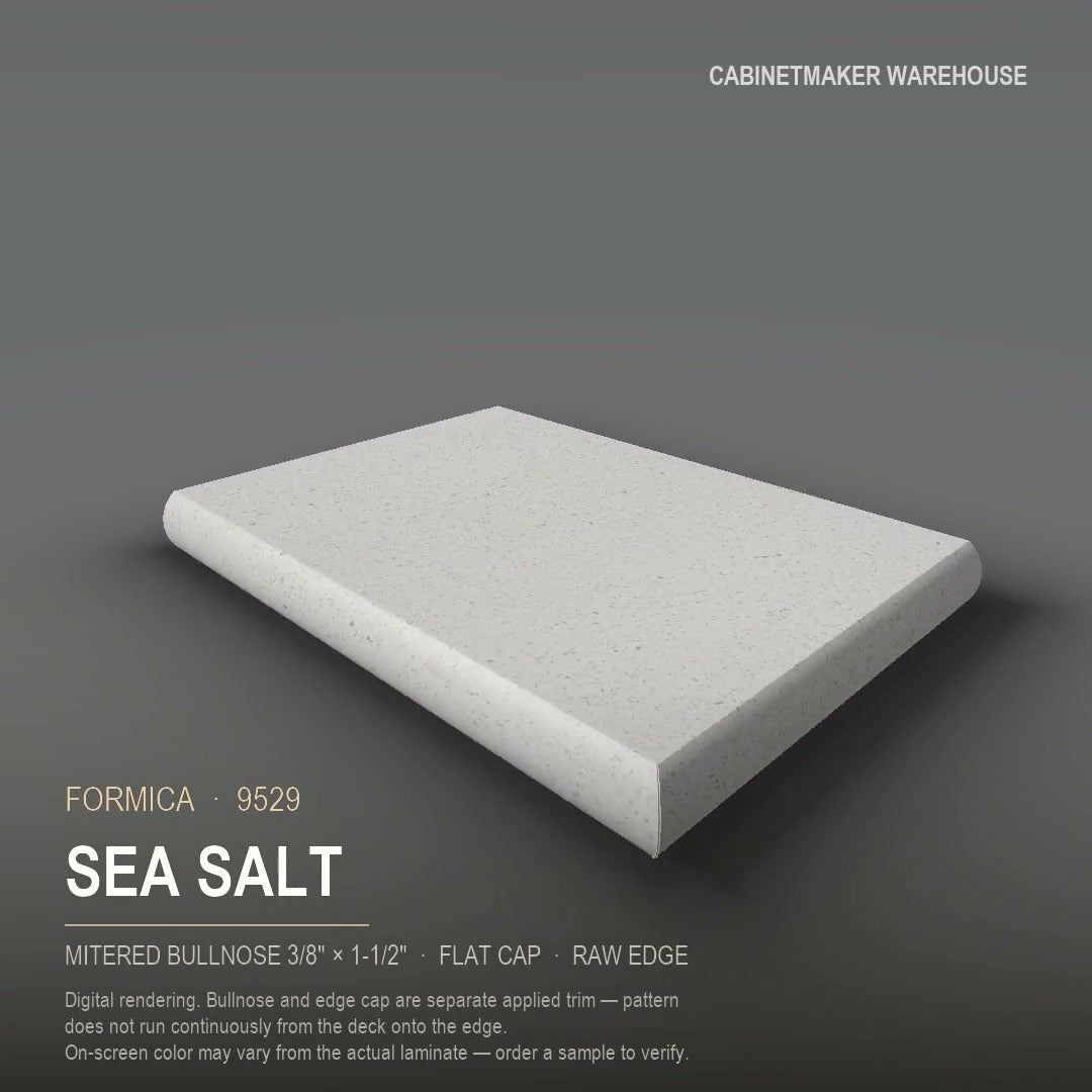 Formica Sea Salt 9529 laminate on a countertop with a mitered bullnose edge