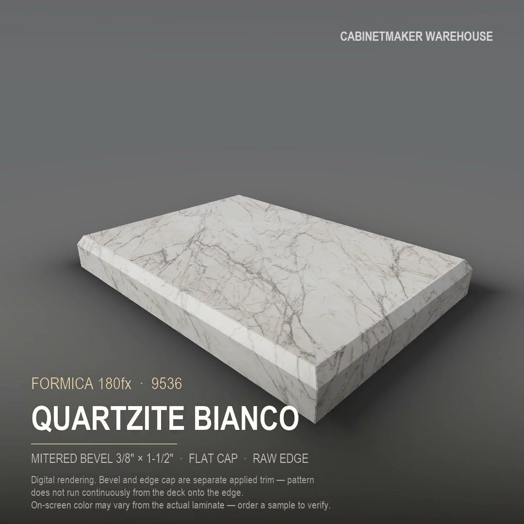 Formica Quartzite Bianco 9536 laminate on a countertop with a mitered bevel edge