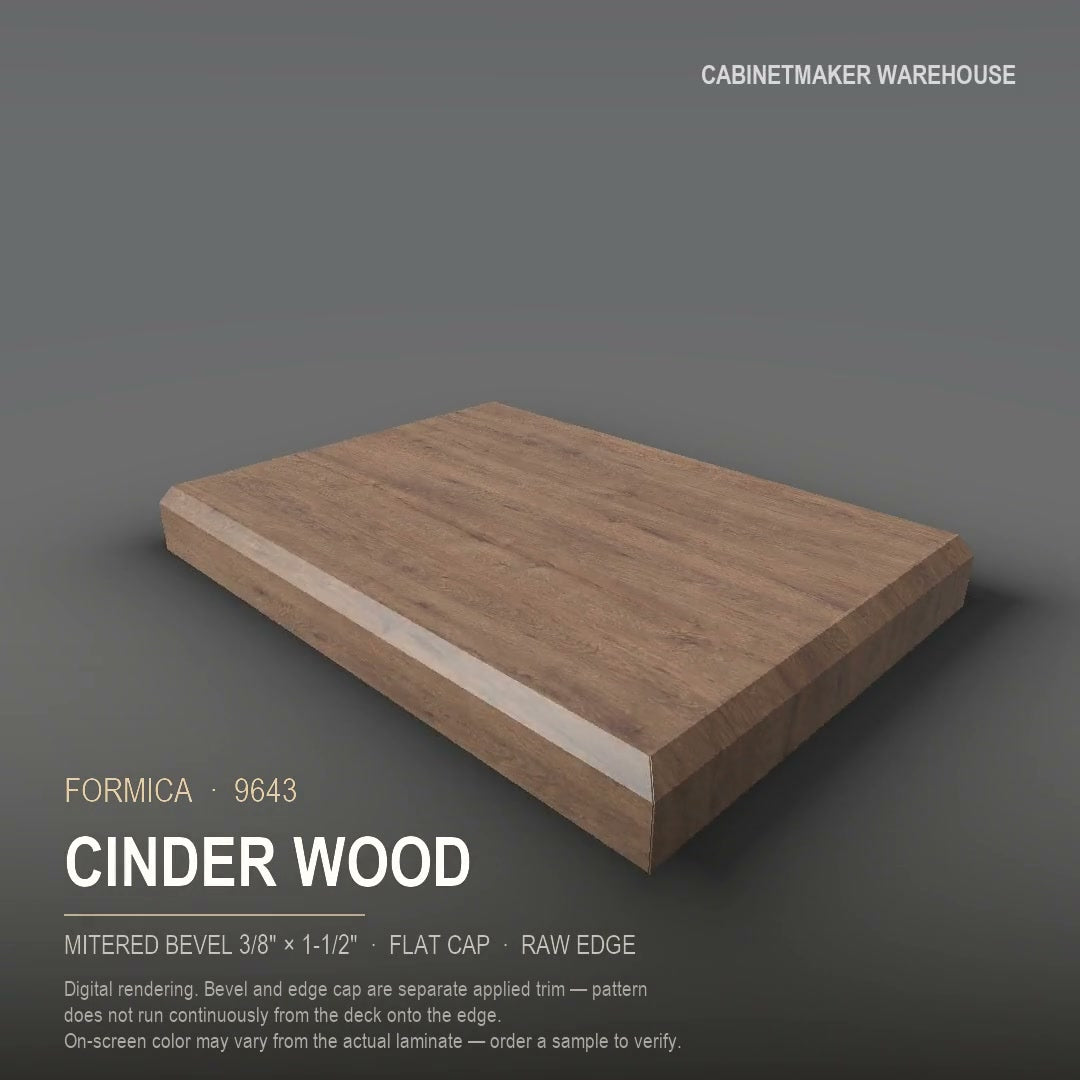 Formica Cinder Wood 9643 laminate on a countertop with a mitered bevel edge