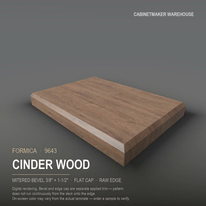 Formica Cinder Wood 9643 laminate on a countertop with a mitered bevel edge
