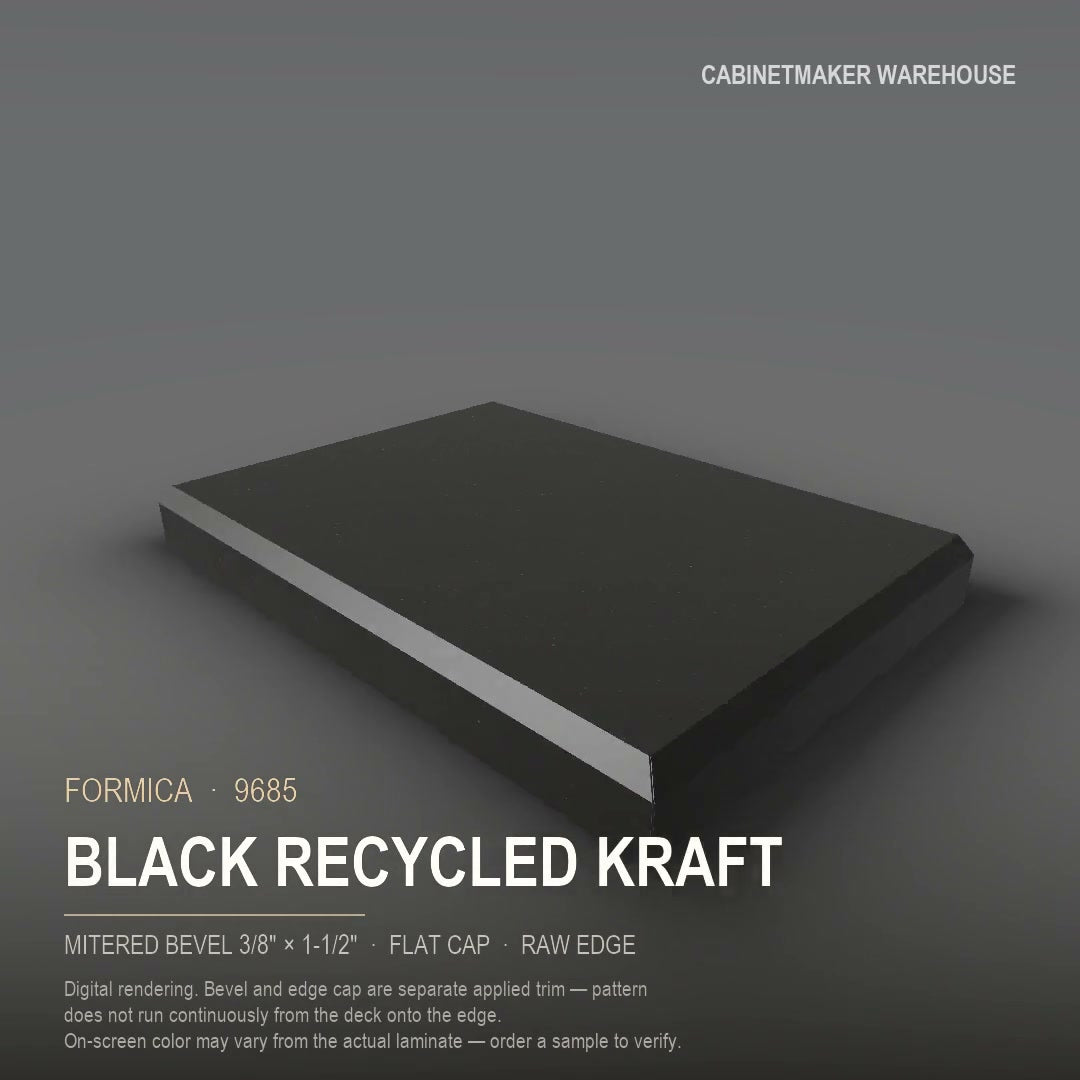 Formica Black Recycled Kraft 9685 laminate on a countertop with a mitered bevel edge