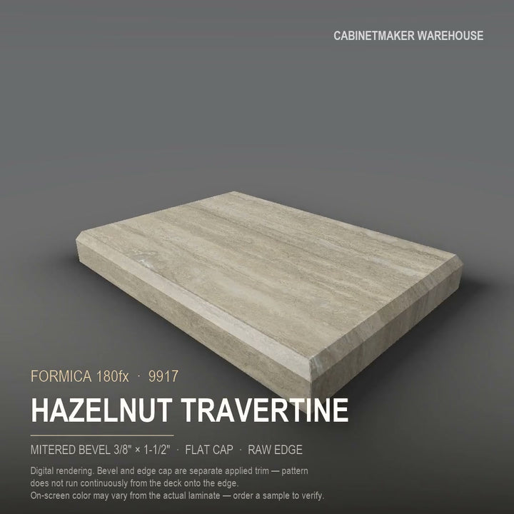 Formica Hazelnut Travertine 9917 laminate on a countertop with a mitered bevel edge