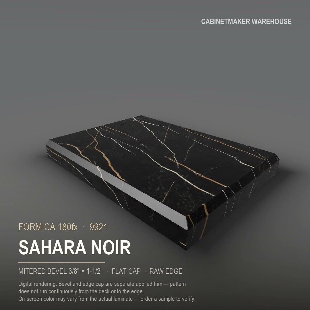 Formica Sahara Noir 9921 laminate on a countertop with a mitered bevel edge