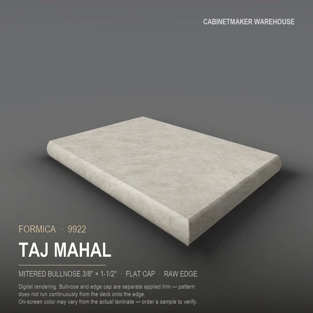 Formica Taj Mahal 9922 laminate on a countertop with a mitered bullnose edge