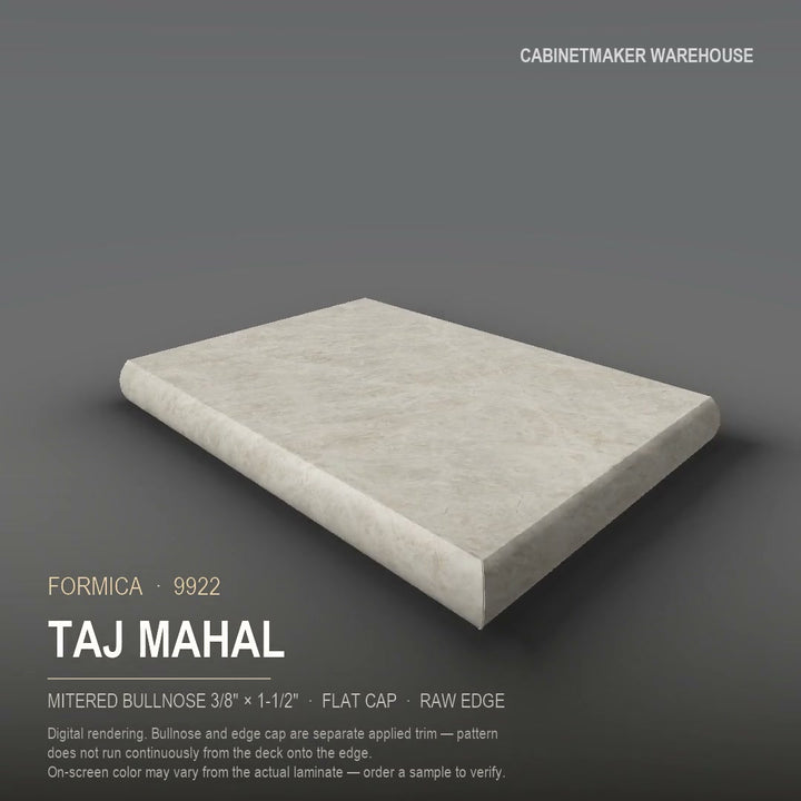 Formica Taj Mahal 9922 laminate on a countertop with a mitered bullnose edge